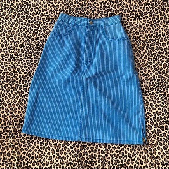 Vintage Skirt Gitano Pin Striped High Waisted Skirt Pastel Side Slit 80s Blue - Picture 1 of 5